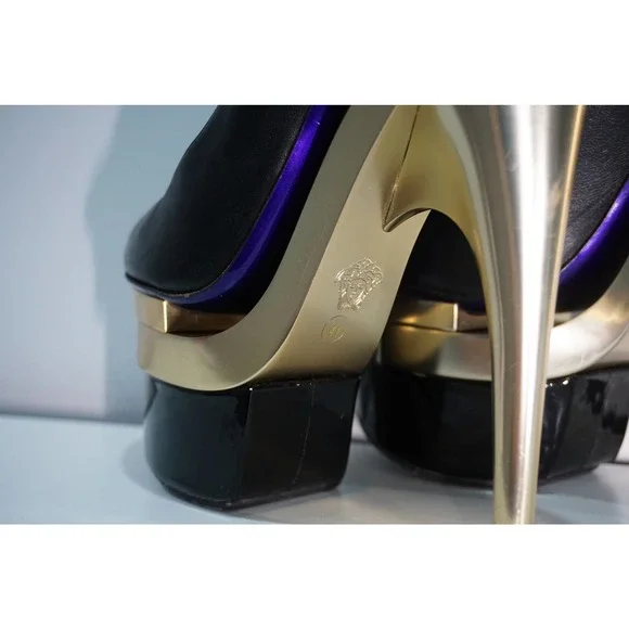 Versace Black Gold Triple Platform Leather Pumps Sky High Heel Shoes 41- RARE
